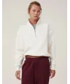 Kadın 3 İplik Pamuklu Oversize Yarım Fermuarlı Yakalı Basic Sweatshirt - Beyaz