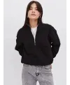 Kadın 3 İplik Pamuklu Oversize Yarım Fermuarlı Yakalı Basic Sweatshirt - Siyah