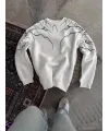 Kadın 3 iplik pamuklu Yıldırım Baskılı Bisiklet Yaka SweatShirt - Beyaz