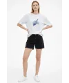 Kadın Asit Yıkamalı Oversize Tişört Bisiklet Yaka Kısa Kol T-shirt - Beyaz