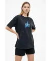 Kadın Asit Yıkamalı Oversize Tişört Bisiklet Yaka Kısa Kol T-shirt - Siyah