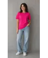 Kadın Basic Pamuklu Tişört Bisiklet Yaka Düz Renk Relaxed Fit T-Shirt - Fuşya