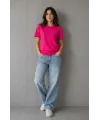 Kadın Basic Pamuklu Tişört Bisiklet Yaka Düz Renk Relaxed Fit T-Shirt - Fuşya