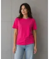 Kadın Basic Pamuklu Tişört Bisiklet Yaka Düz Renk Relaxed Fit T-Shirt - Fuşya