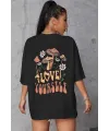 Kadın Baskılı Oversize kısa kol T-Shirt - Siyah
