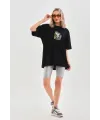 Kadın Baskılı T-Shirt Kısa Kol Bisiklet Yaka Oversize Rahat Kalıp Günlük Tişört - Siyah