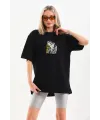Kadın Baskılı T-Shirt Kısa Kol Bisiklet Yaka Oversize Rahat Kalıp Günlük Tişört - Siyah