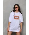 Kadın Baskılı T-Shirt Kısa Kol Bisiklet Yaka Oversize Rahat Kalıp Tişört - Beyaz