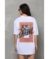 Kadın Baskılı T-Shirt Kısa Kol Bisiklet Yaka Oversize Rahat Kalıp Tişört - Beyaz