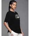 Kadın Baskılı T-Shirt Kısa Kol Bisiklet Yaka Oversize Rahat Kalıp Tişört - Siyah