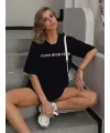 Kadın Baskılı T-Shirt Kısa Kol Bisiklet Yaka Oversize Rahat Kalıp Tişört - Siyah