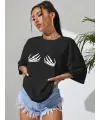 Kadın Baskılı T-Shirt Kısa Kol Bisiklet Yaka Oversize Rahat Kalıp Tişört - Siyah