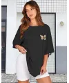 Kadın Baskılı T-Shirt Kısa Kol Bisiklet Yaka Oversize Rahat Kalıp Tişört - Siyah