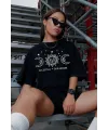 Kadın Baskılı T-Shirt Kısa Kol Bisiklet Yaka Oversize Rahat Kalıp Tişört - Siyah