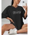 Kadın Baskılı T-Shirt Kısa Kol Bisiklet Yaka Oversize Rahat Kalıp Tişört - Siyah
