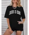 Kadın Baskılı T-Shirt Kısa Kol Bisiklet Yaka Oversize Rahat Kalıp Tişört - Siyah