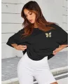 Kadın Baskılı T-Shirt Kısa Kol Bisiklet Yaka Oversize Rahat Kalıp Tişört - Siyah