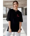 Kadın Baskılı T-Shirt Kısa Kol Bisiklet Yaka Oversize Rahat Kalıp Tişört - Siyah