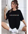 Kadın Baskılı T-Shirt Kısa Kol Bisiklet Yaka Oversize Rahat Kalıp Tişört - Siyah