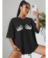 Kadın Baskılı T-Shirt Kısa Kol Bisiklet Yaka Oversize Rahat Kalıp Tişört - Siyah