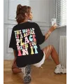 Kadın Baskılı T-Shirt Kısa Kol Bisiklet Yaka Oversize Rahat Kalıp Tişört - Siyah