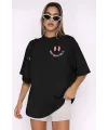 Kadın Baskılı T-Shirt Kısa Kol Bisiklet Yaka Oversize Rahat Kalıp Tişört - Siyah