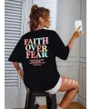 Kadın Baskılı T-Shirt Kısa Kol Bisiklet Yaka Oversize Rahat Kalıp Tişört - Siyah