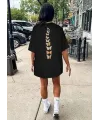 Kadın Baskılı T-Shirt Kısa Kol Bisiklet Yaka Oversize Rahat Kalıp Tişört - Siyah