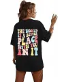 Kadın Baskılı T-Shirt Kısa Kol Bisiklet Yaka Oversize Rahat Kalıp Tişört - Siyah