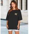Kadın Baskılı T-Shirt Kısa Kol Bisiklet Yaka Oversize Rahat Kalıp Tişört - Siyah