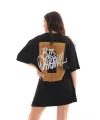 Kadın Baskılı T-Shirt Kısa Kol Bisiklet Yaka Oversize Rahat Kalıp Tişört - Siyah