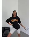 Kadın Baskılı T-Shirt Kısa Kol Bisiklet Yaka Oversize Tişört - Siyah
