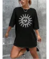 Kadın Baskılı T-Shirt Kısa Kol Bisiklet Yaka Regular Fit Rahat Kalıp Tişört - Siyah