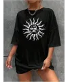 Kadın Baskılı T-Shirt Kısa Kol Bisiklet Yaka Regular Fit Rahat Kalıp Tişört - Siyah
