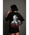 Kadın Baskılı T-Shirt Oversize Kısa kol Bisiklet yaka tişort- Siyah