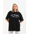Kadın Baskılı Tişört Kısa Kol Bisiklet Yaka Oversize T-Shirt - Siyah
