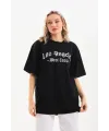 Kadın Baskılı Tişört Kısa Kol Bisiklet Yaka Oversize T-Shirt - Siyah