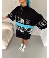 Kadın Baskılı Yarım Fermuarlı Kısa kol T-Shirt - Siyah