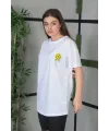 Kadın Bisiklet Yaka Baskılı Kısa kol Oversize T-Shirt - Beyaz