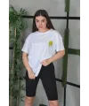 Kadın Bisiklet Yaka Baskılı Kısa kol Oversize T-Shirt - Beyaz