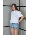 Kadın Bisiklet Yaka Baskılı Kısa kol Oversize T-Shirt- Beyaz