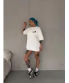 Kadın Bisiklet Yaka Baskılı Kısa kol Oversize T-Shirt - Beyaz