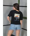 Kadın Bisiklet Yaka Baskılı Kısa kol Oversize T-Shirt - Siyah