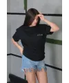 Kadın Bisiklet Yaka Baskılı Kısa kol Oversize T-Shirt - Siyah