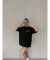 Kadın Bisiklet Yaka Baskılı kısa kol Oversize T-Shirt - Siyah