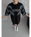 Kadın Bisiklet Yaka Baskılı  Kısa kol Oversize T-Shirt - Siyah
