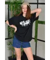 Kadın Bisiklet Yaka Baskılı  Kısa kol Oversize T-Shirt - Siyah
