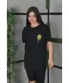 Kadın Bisiklet Yaka Baskılı  Kısa kol Oversize T-Shirt - Siyah