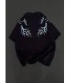 Kadın Bisiklet Yaka Baskılı  Kısa kol Oversize T-Shirt - Siyah