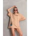 kadın Bisiklet Yaka Baskılı Oversize Kısa kol T-Shirt - Bej